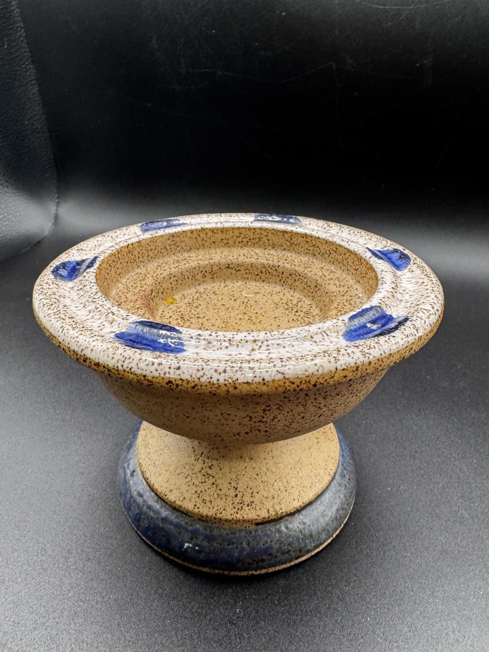 Handcrafted Speckled Ceramic Pedestal candle holder in Tan with Blue Accent